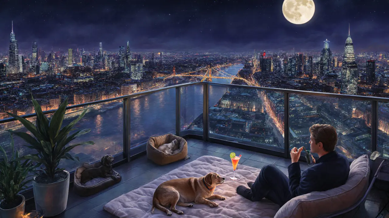 A dog resting on a blanket on a rooftop terrace with London's skyline at night.