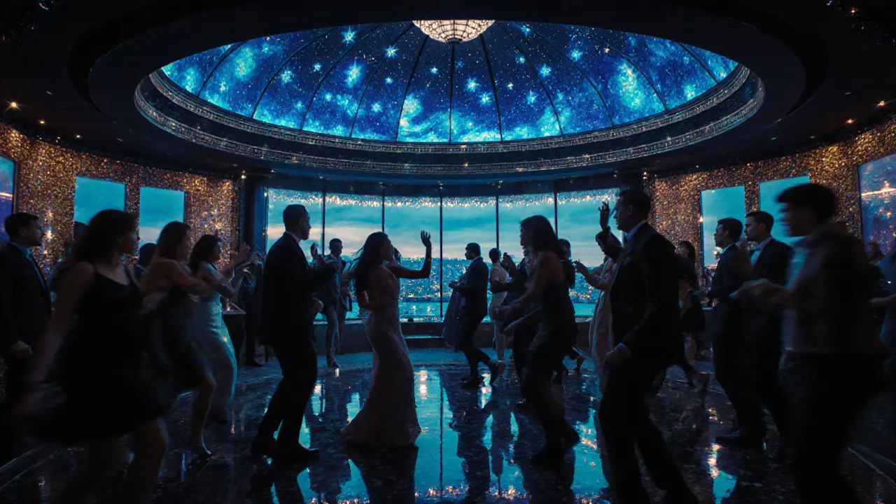 A glittering nightclub under a starry dome, crowd dancing with Bosphorus lights in the background.