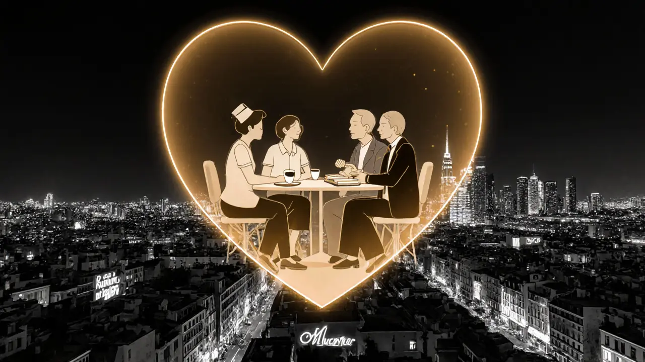A glowing heart-shaped portal above Milan, showing diverse people in quiet conversation, city lights in background.