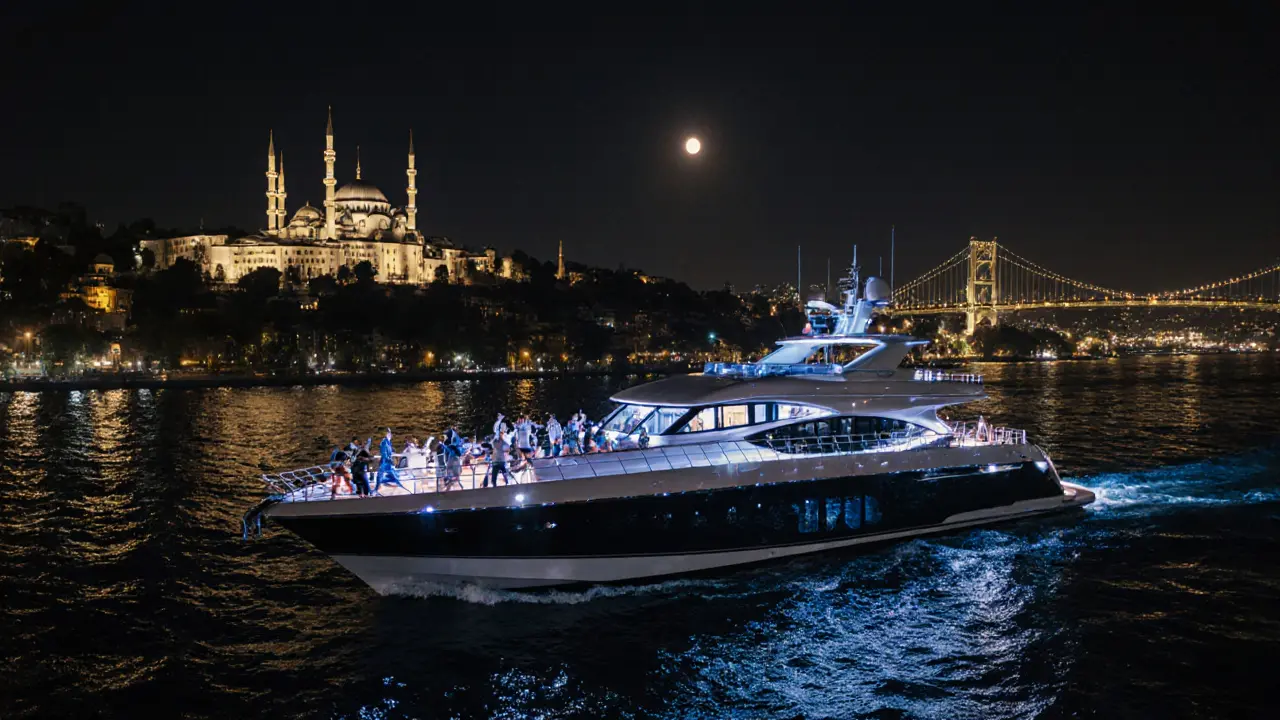 A glowing yacht cruising the Bosphorus with city lights and minarets in the background.