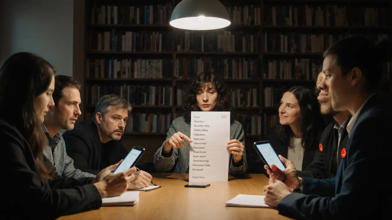 A group of escort workers meeting in a library to share safety tips and client warnings.