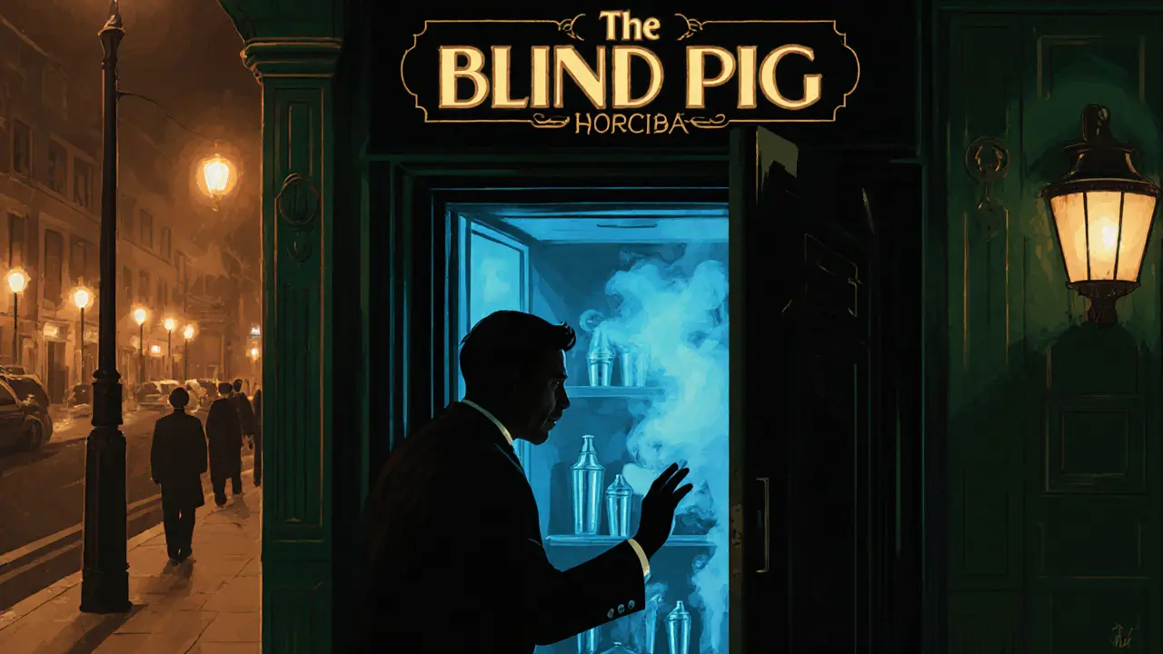 A hidden speakeasy door behind a freezer in Covent Garden, faint light revealing cocktails inside.