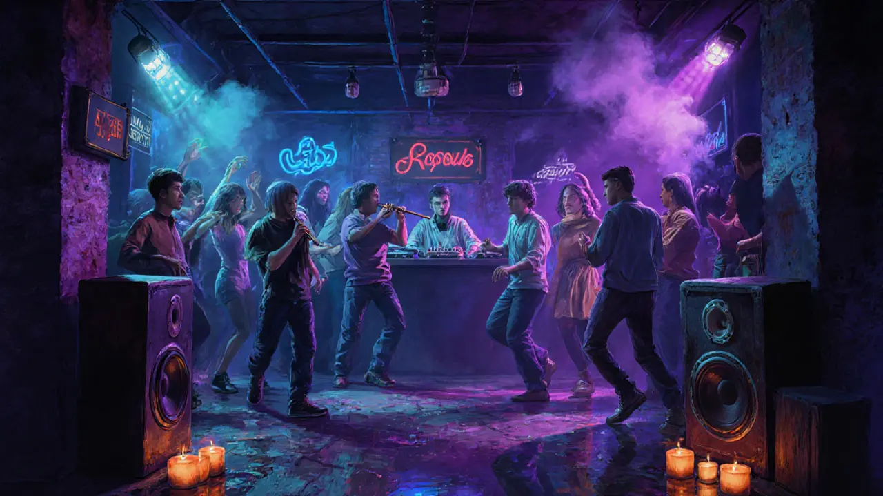 A hidden underground club with dancers moving to fusion music under dim neon lights.