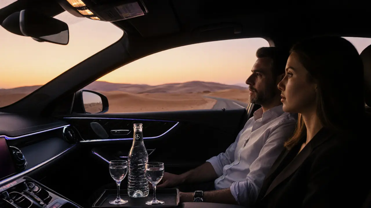 A luxury car traveling through the desert at sunset with two passengers in serene silence.