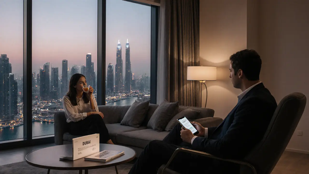 A man and woman having a thoughtful conversation in a modern Dubai apartment, with skyline views and a payment invoice on the table.