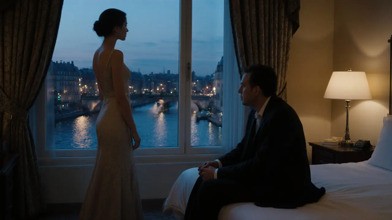 A man and woman in a luxury Paris hotel suite, gazing at the Seine at twilight.
