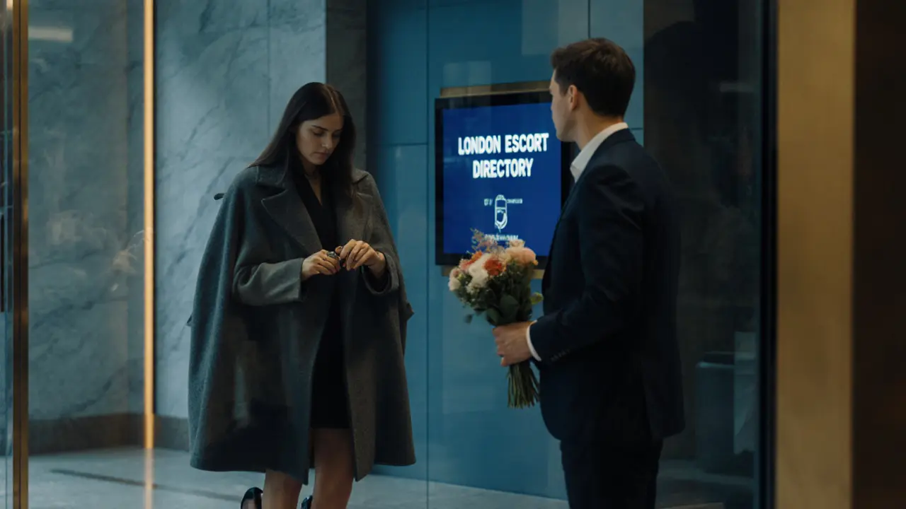 A man and woman meet discreetly in a London apartment lobby, both dressed neatly, with a directory sign visible in reflection.