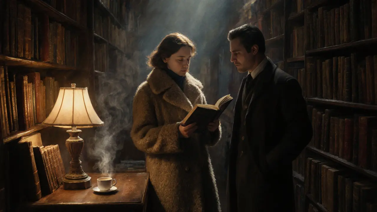 A man and woman quietly browsing books in a cozy London bookshop at twilight.