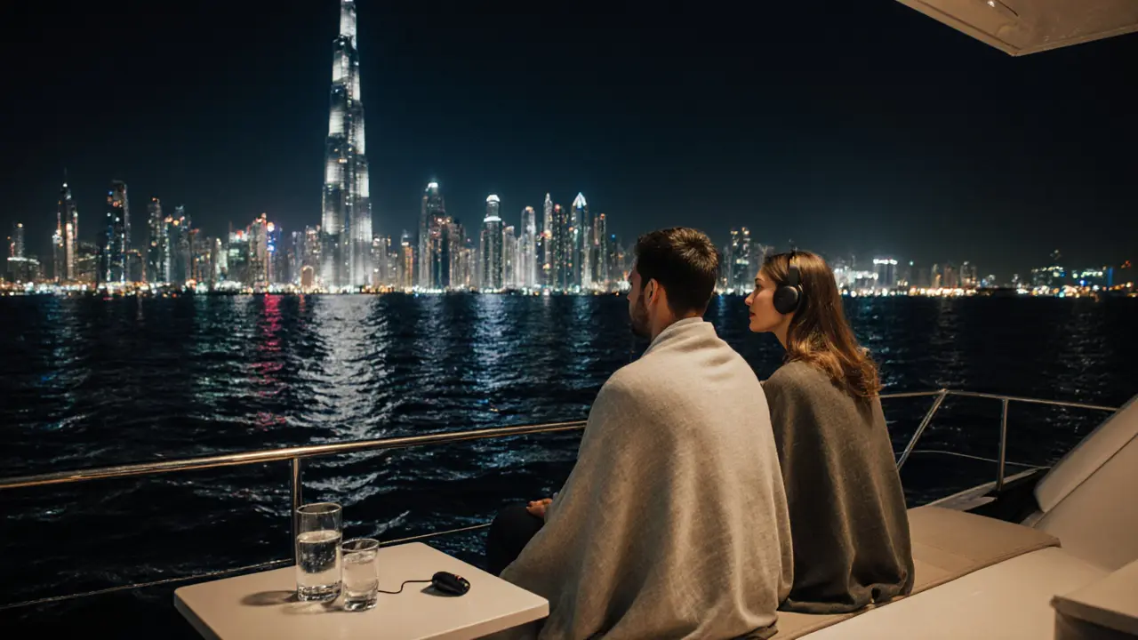 A man and woman sharing a quiet moment on a yacht at Dubai Marina, enjoying the city lights under the stars.