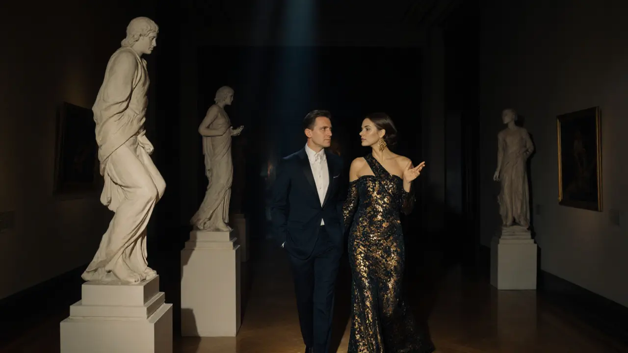 A man and woman walk together in a luxury art gallery, engaged in thoughtful conversation, elegant and discreet.