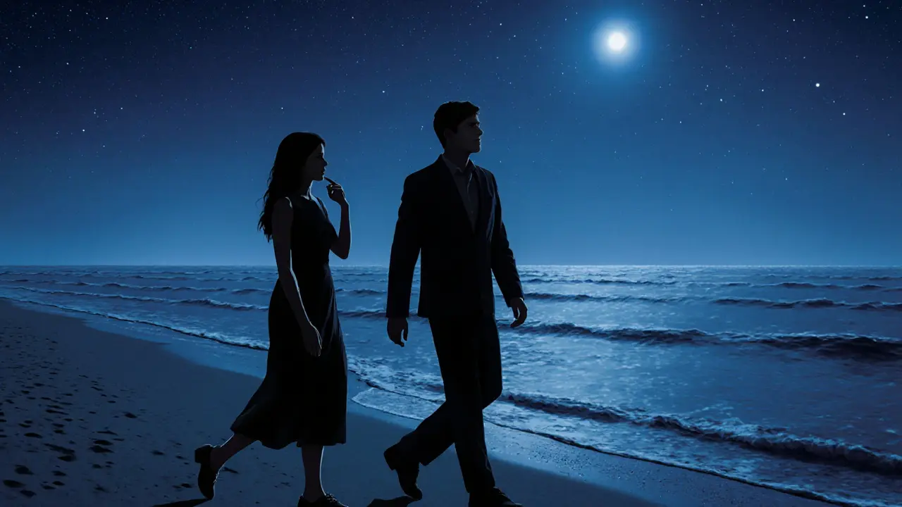 A man and woman walking along Jumeirah Beach at night, sharing a thoughtful moment under the stars.