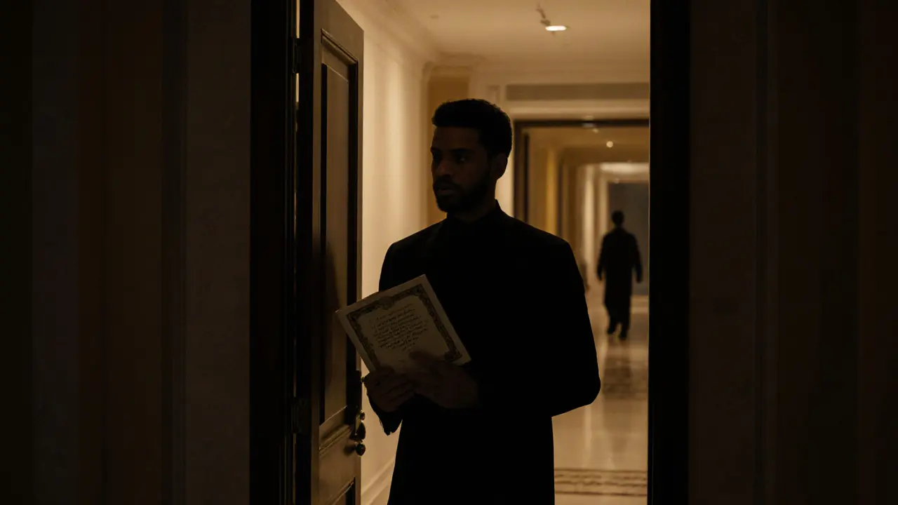 A man holding a book outside a hotel room door, standing with quiet dignity in a luxurious yet empty hallway.