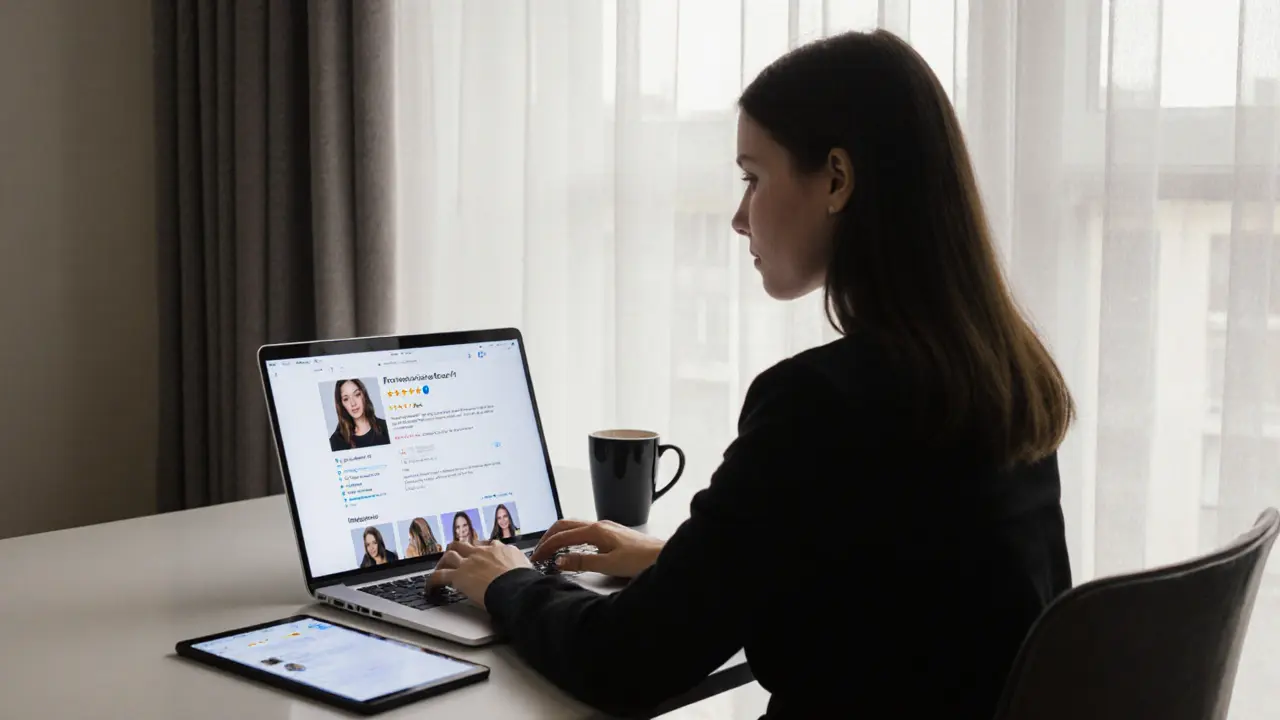 A modern London escort working professionally from a minimalist apartment.