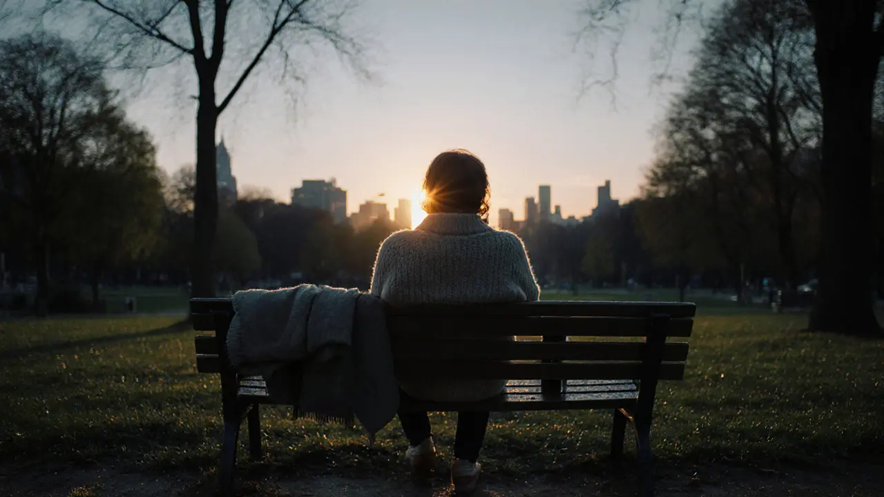 A person sitting alone on a park bench at sunrise in Greenwich Park, surrounded by peaceful stillness.