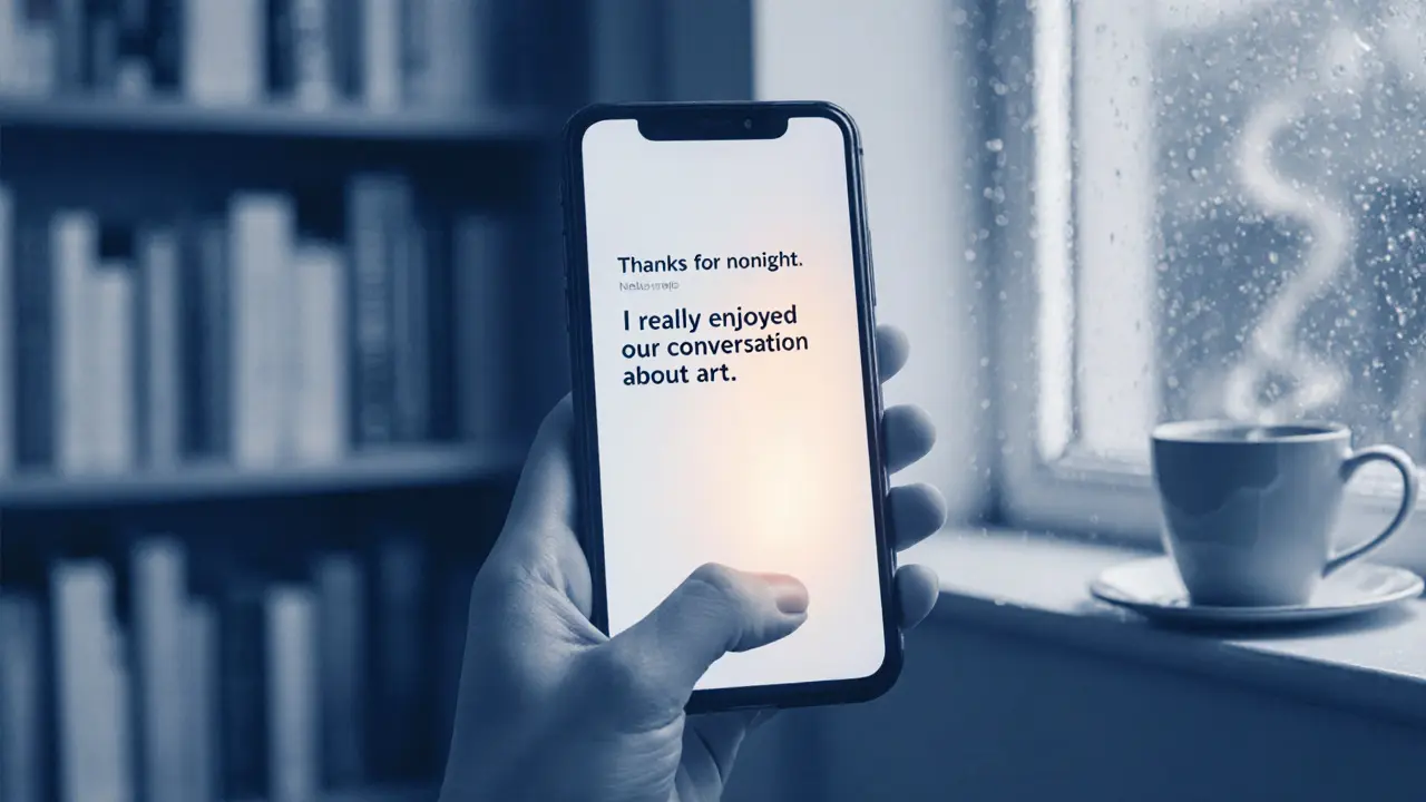 A phone displays a thoughtful thank-you message, with a bookshelf and rain-streaked window in the background, conveying quiet gratitude.