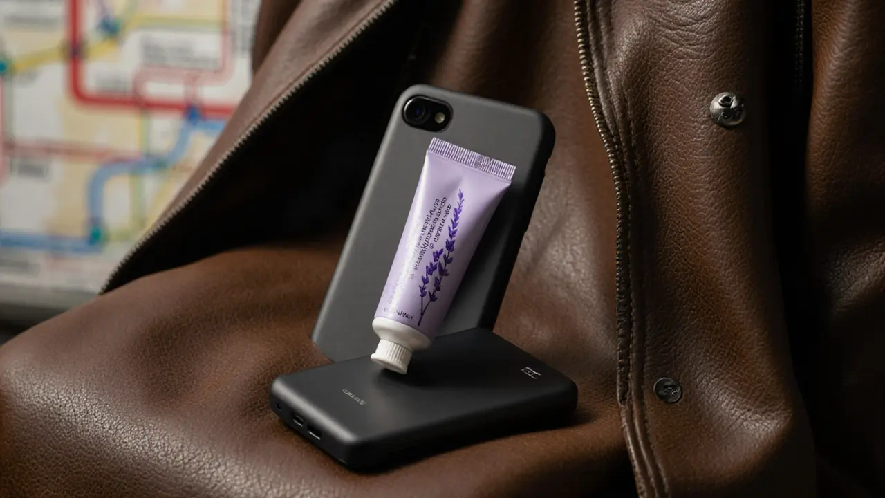 A portable charger and hand cream resting on a leather jacket, symbols of thoughtful practical care.