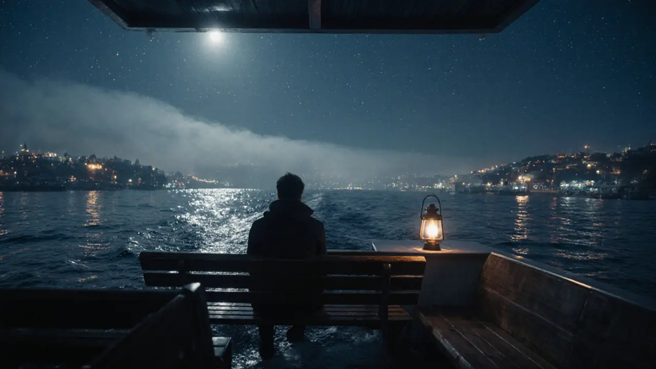 A quiet ferry at night crossing the Bosphorus, stars reflecting on still water.