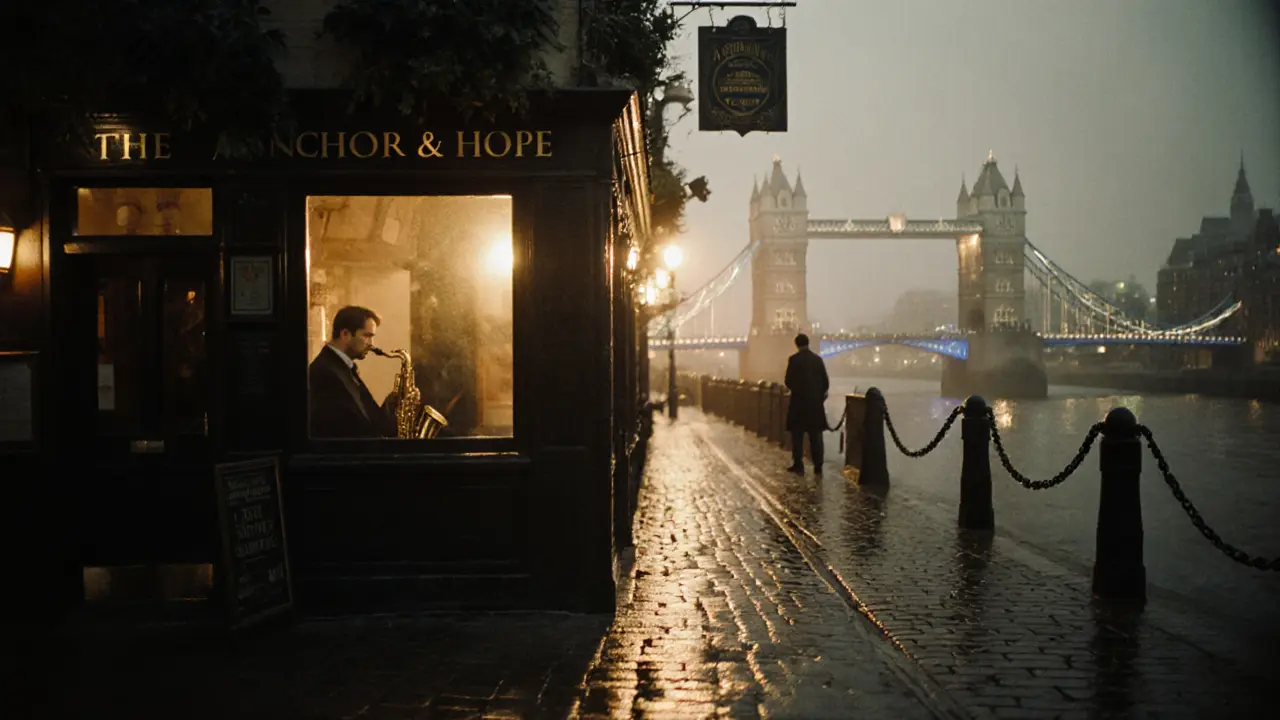 A quiet riverside pub at dawn with warm light spilling onto wet stones and a saxophonist inside.