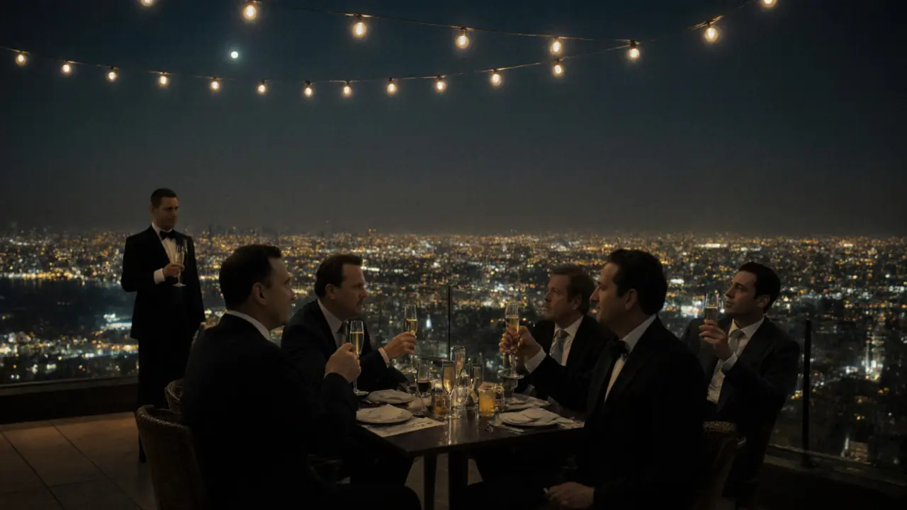 A quiet rooftop terrace at dawn with dignitaries sipping champagne as Abu Dhabi’s skyline glows softly behind them.