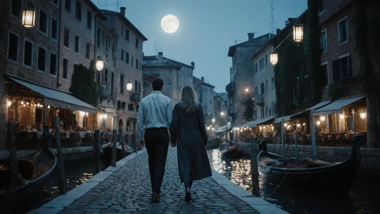 A quiet walk along the Navigli canals in Milan under moonlight, two figures in elegant attire.