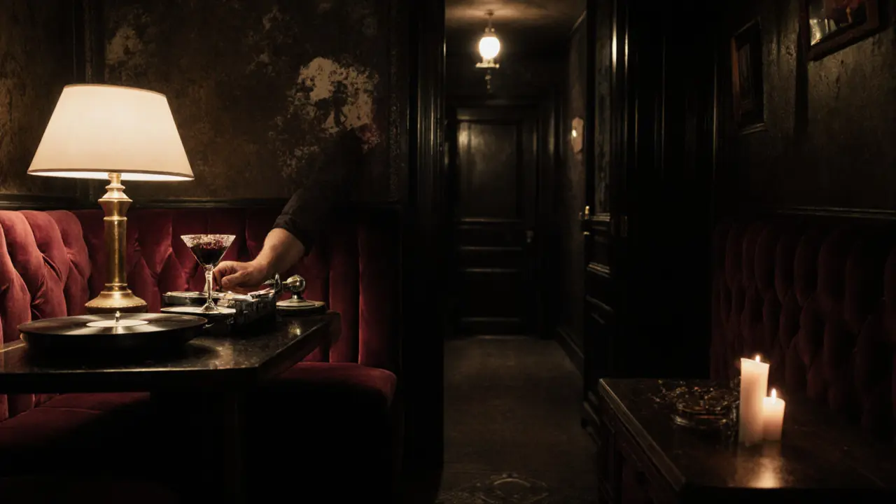 A secret speakeasy bar with velvet booths and a bartender pouring a dark cocktail.