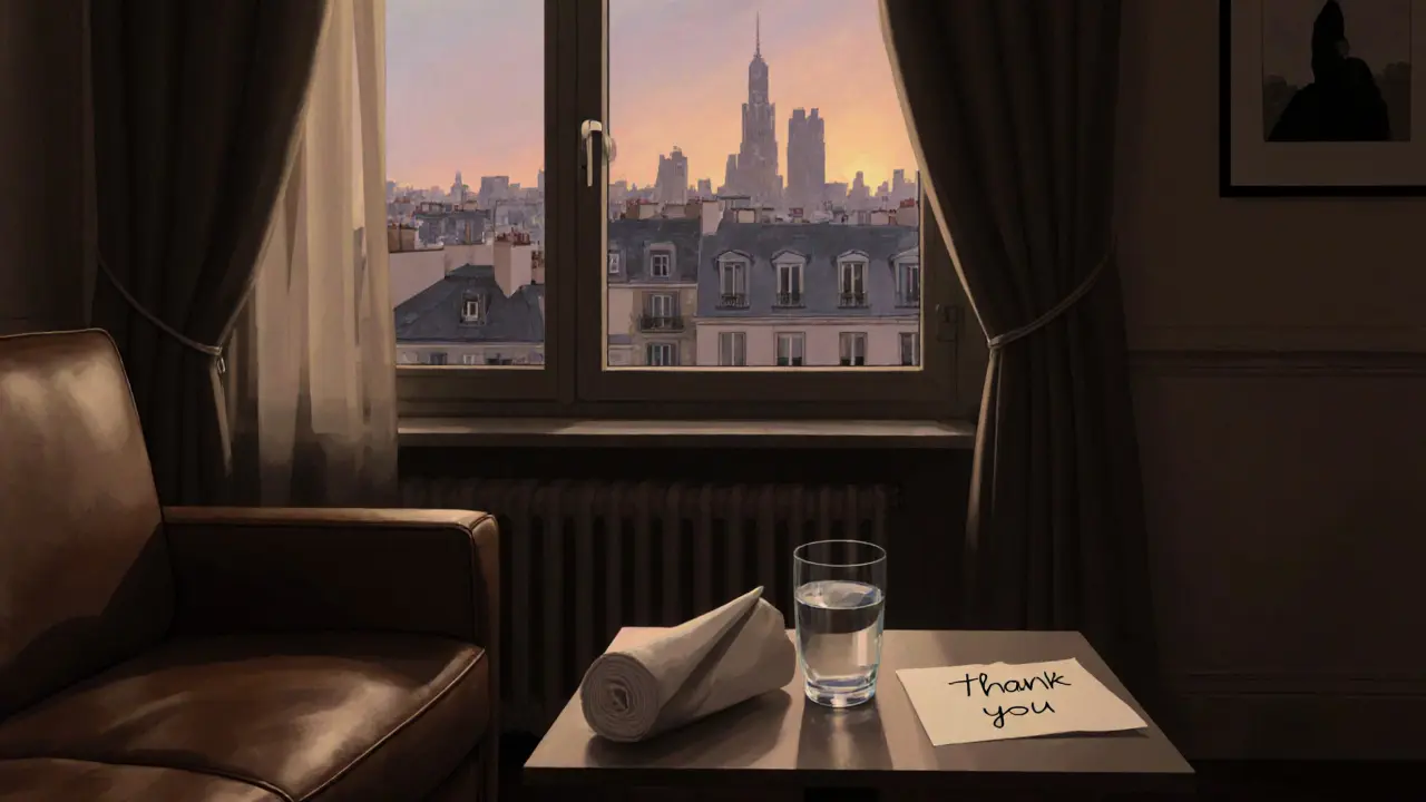 A serene, well-kept Paris apartment interior at dusk, conveying safety and professionalism.
