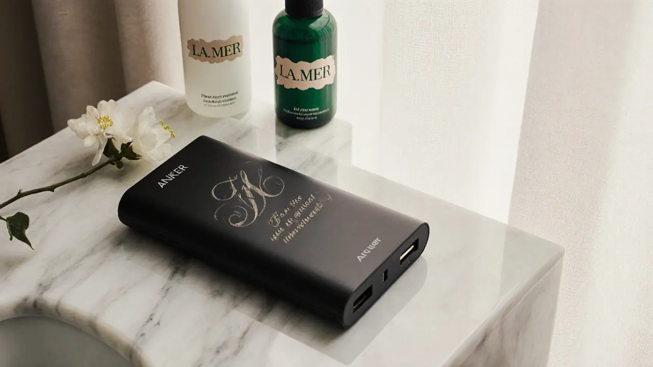 A sleek power bank with engraved initials beside luxury skincare products on a marble counter.