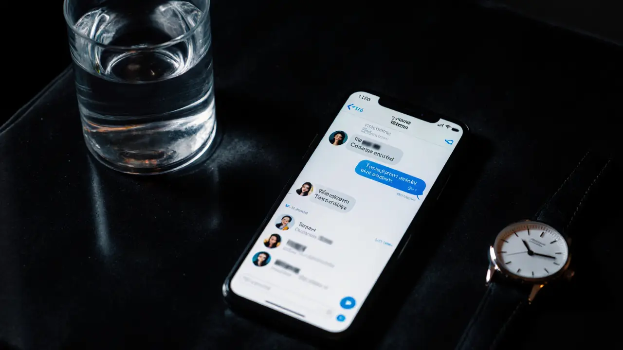 A smartphone screen glowing in darkness showing an encrypted chat, resting on a hotel bedside table with a watch and glass of water.