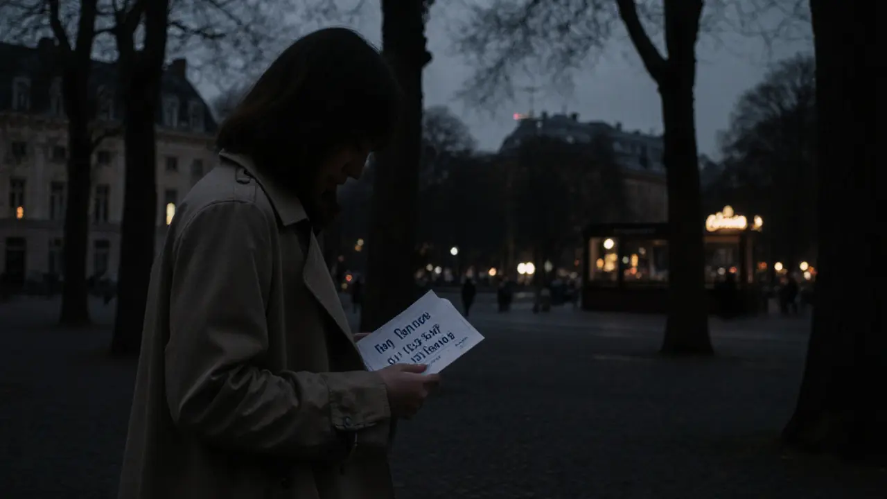 A solitary figure walking through Tiergarten park at dusk, coat fluttering, city lights glowing in the distance, no faces shown.