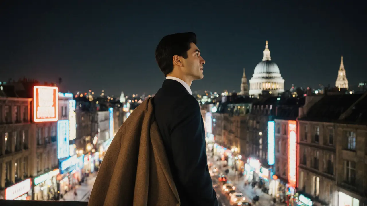 A solo traveler stands on a rooftop terrace at night, smiling as London lights sparkle below.