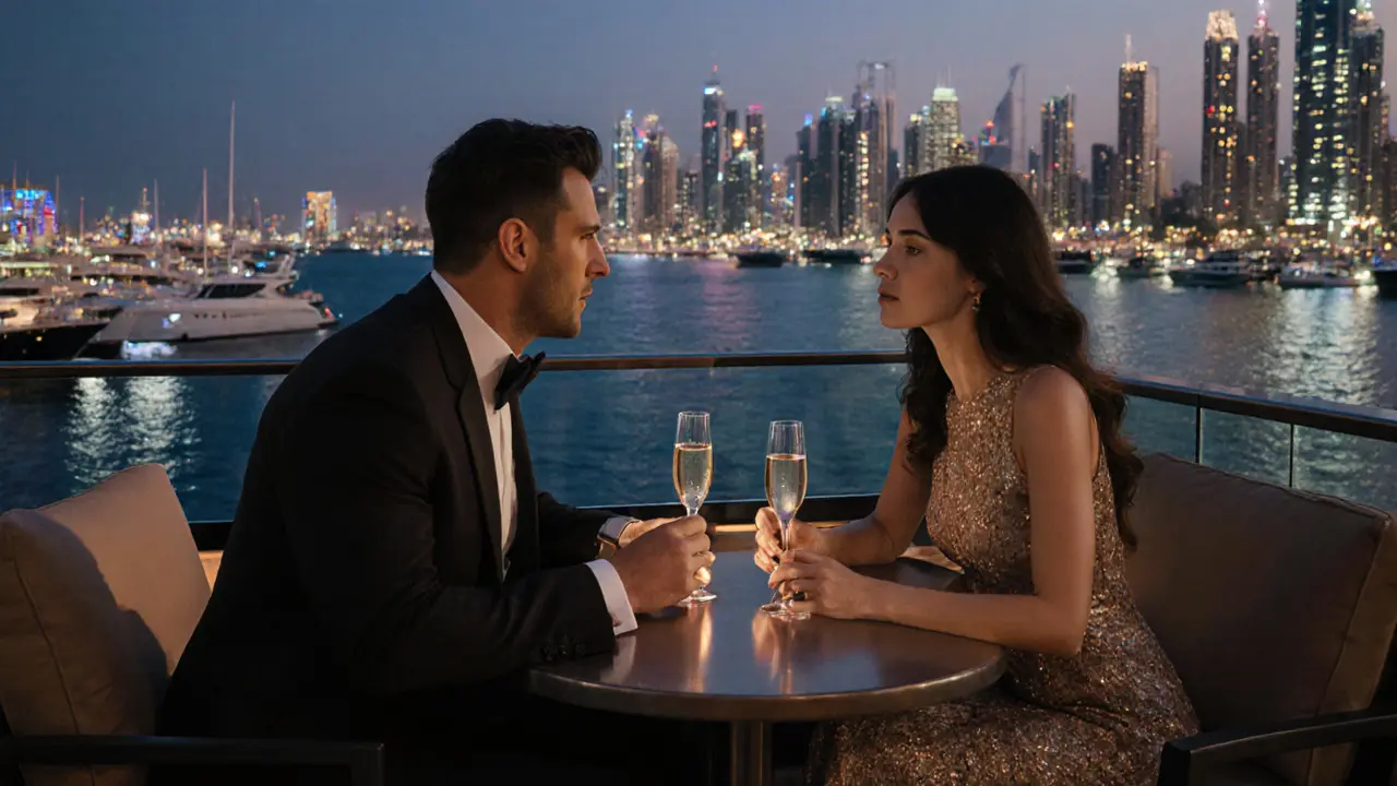 A sophisticated couple enjoying champagne on a rooftop lounge overlooking Dubai Marina at twilight.