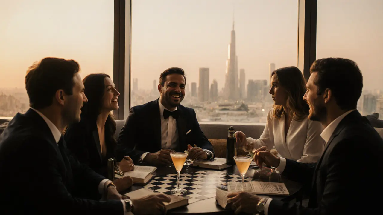 A sophisticated expat lounge at dusk with people socializing calmly, city skyline visible through the window.
