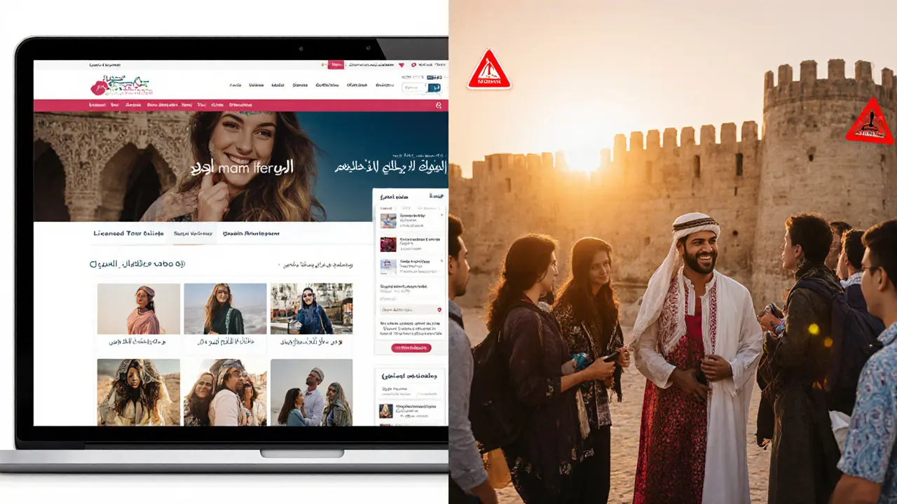 A split image showing a fake escort website on one side and a licensed tour guide with tourists on the other.