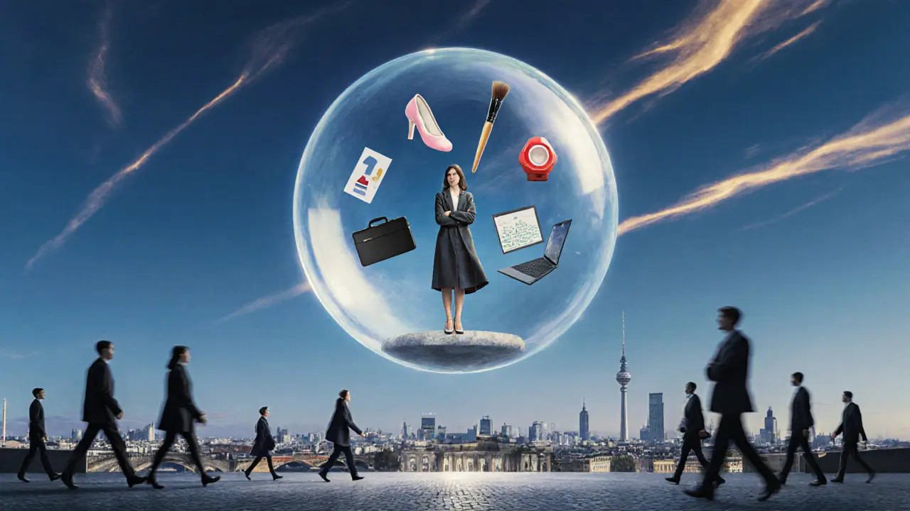 A transparent sphere above Berlin contains symbols of independence—art, dance, tech, and safety—while a woman observes calmly.