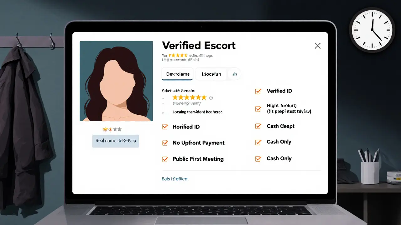 A verified escort profile on a laptop screen showing first name, location, pricing, and client reviews, safety checklist visible.