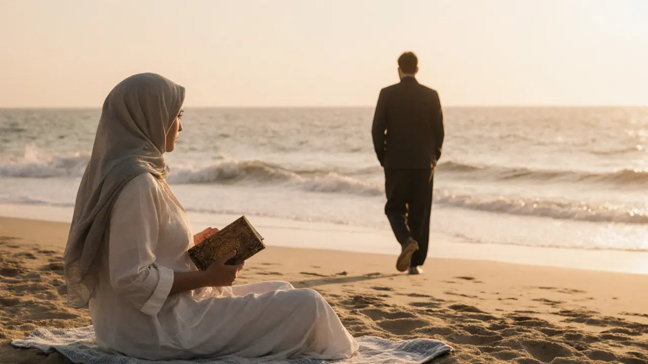 A woman sitting alone on a beach at sunset, holding a book, as a man walks away into the distance.