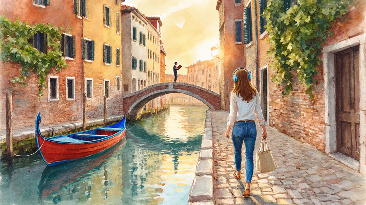 A woman walking along Milan&#039;s Navigli canals at sunset, reflections in the water, peaceful solitude.