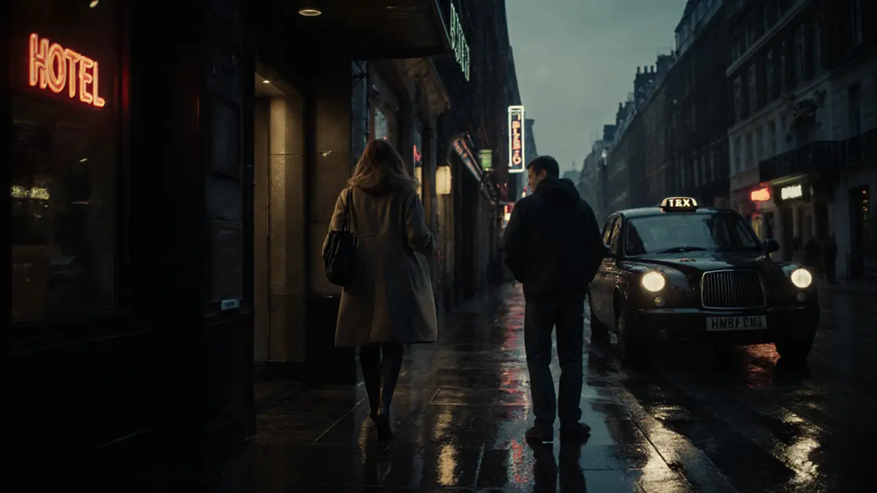 A woman walking away from a hotel entrance at dusk, shadowy figures nearby, urban atmosphere with rain and neon lights.