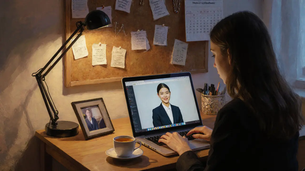 A woman works at her desk in a cozy Berlin apartment, surrounded by personal items that reveal her multiple lives.