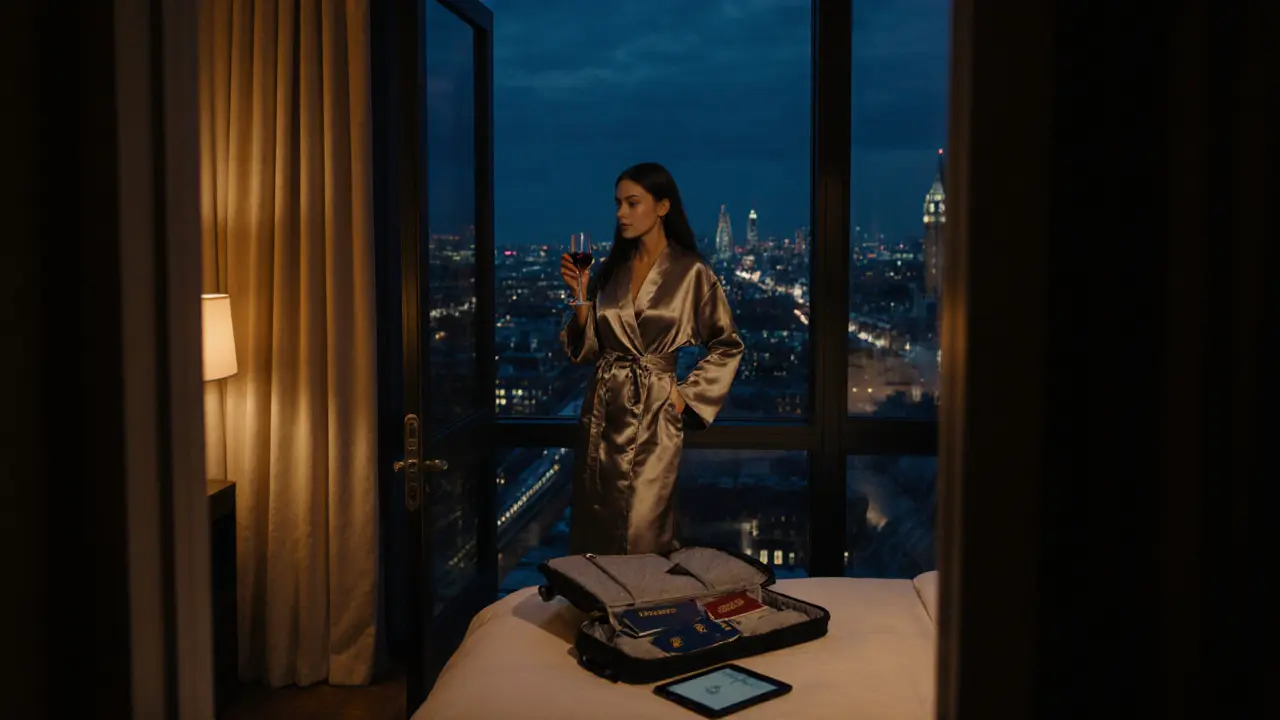 An international escort standing by a window in a London apartment, passports and encrypted device visible.
