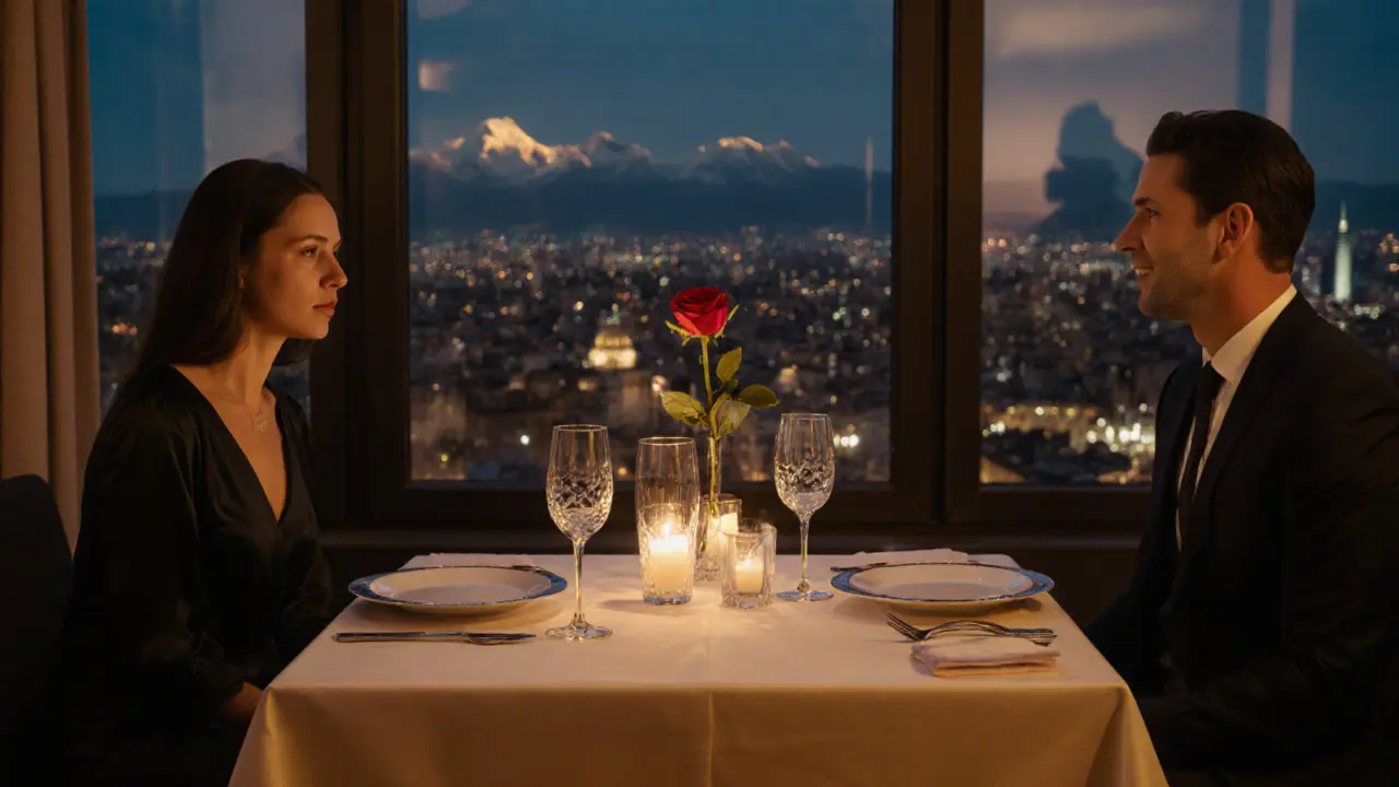 An intimate dinner at La Pergola in Milan, two people sharing quiet conversation.