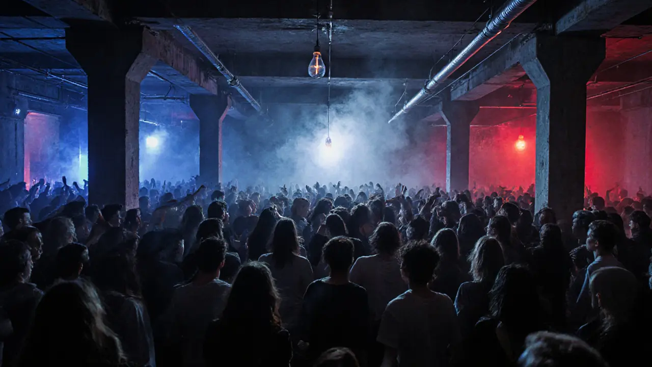 An underground techno club at dawn, with strobe lights illuminating a dense crowd dancing in a raw industrial space.