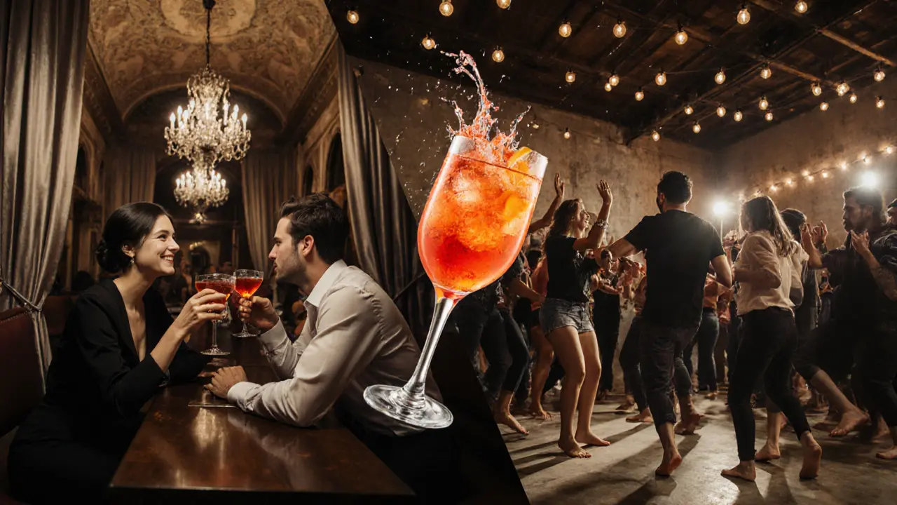 Contrasting scenes of elegant cocktail hour in a historic palace and raw warehouse party, connected by a shared drink.