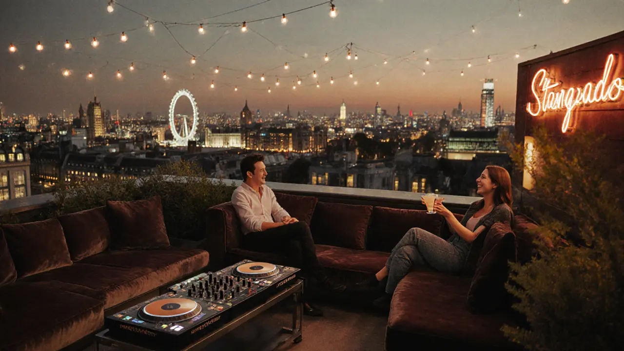 Cozy rooftop lounge with velvet couches and soft lighting, city lights glowing in the background.