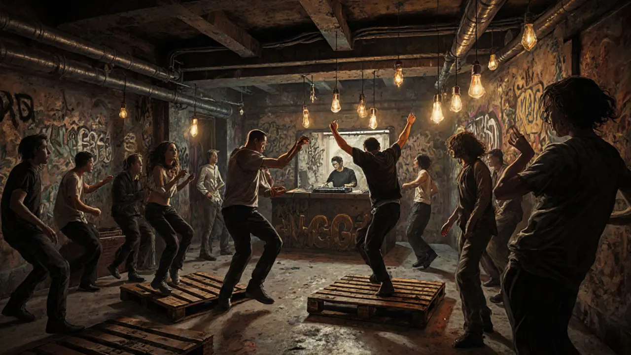 Crowd dancing energetically in a gritty underground club under a train bridge with industrial decor.