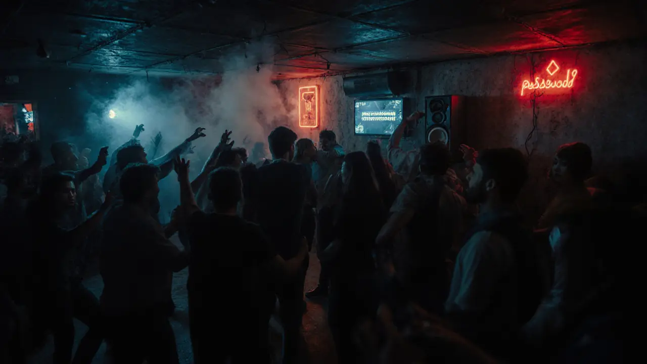 Crowd dancing in a hidden underground club in Alserkal Avenue with neon lights and smoke.