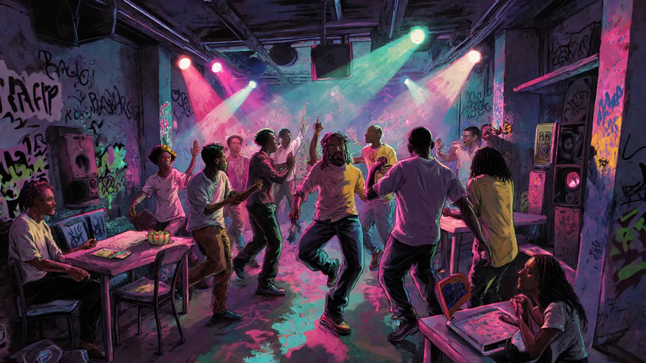 Crowd dancing in a warehouse nightclub with strobe lights and Afrobeat music, no dress code or bouncers.