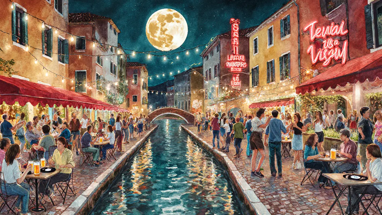 Crowds dancing by the Navigli canals under string lights and live music.