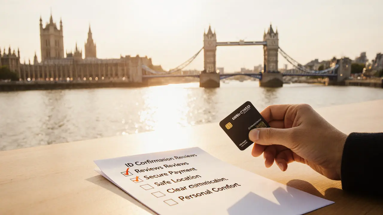 Hand placing keycard on table beside checklist of safety criteria for booking an escort.