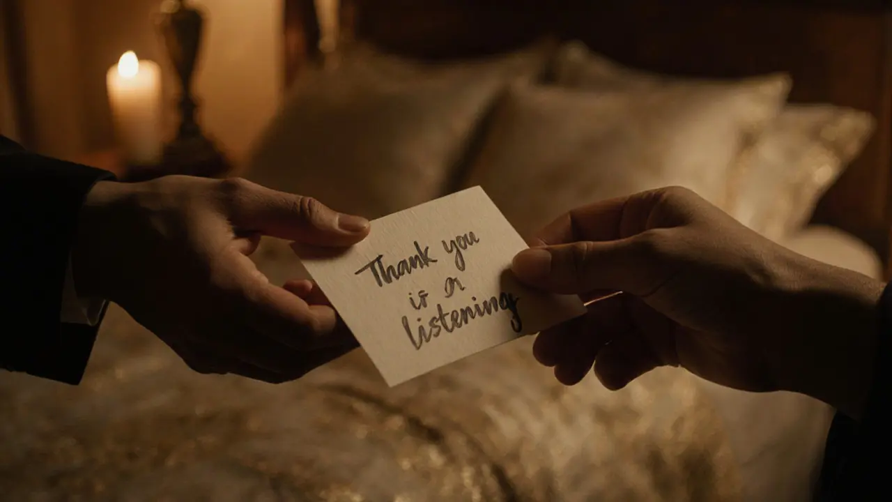 Hands exchanging a handwritten note in a softly lit private space, symbolizing gratitude and connection.